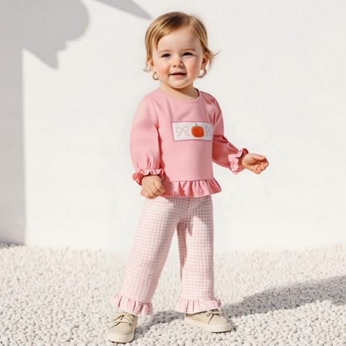 Toddler Girls Pumpkin Outfits Long Puff Sleeve Ruffle Tops and Gingham Pants Set 2Pcs Infant Baby Halloween Clothes3