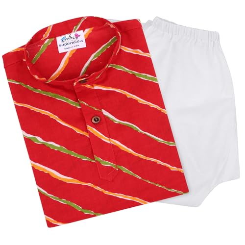 Image of superminis Cotton Boys Sanganeri Lehariya Printed Kurta Set with White Pyjama Elastic Closure
