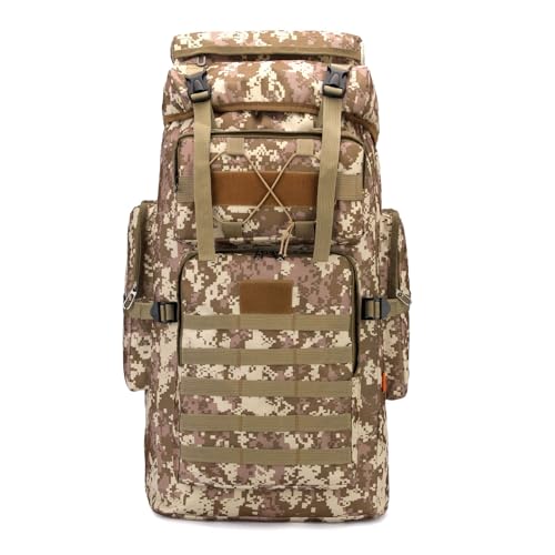 Mochila Tática Militar 80L – Impermeável, Super Resistente, Sistema Molle, Grande Capacidade para Camping, Viagem, Trilha e Sobrevivência (Bege Digital)