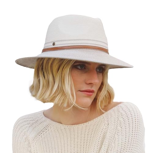 House of Ord Cape Town - Bella Fedora - Faltbarer Sonnenhut mit breiter Krempe für Damen - Sommerhut mit Kordelzug und schmalem Gürtel - Größe: M/L: 58 cm Farbe: Ivory/Stone