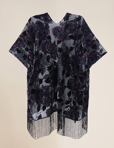 Image of MJ SERECA Women's Burnout Velvet Kimono Cardigan Cover Up with Tassel