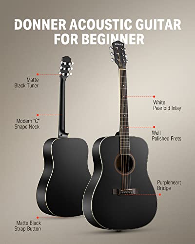 Donner Black Acoustic Guitar For Beginner Adult With Free Online Lesson Full Size Dreadnought Acustica Guitarra Bundle Kit With Bag Strap Tuner Capo Pickguard Pick, Right Hand 41 Inch, Dag-1B/Dad-160D #TOP1