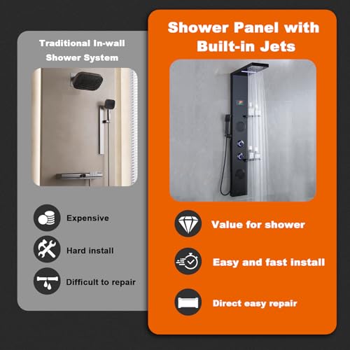 Sistema de Torre para Ducha con Paneles y Estante de Almacenamiento, Negro Mate con Luz LED y Pantalla LCD de Temperatura, Acero Inoxidable 304 con Jets de Masaje de Mano y Cascada miniatura 5
