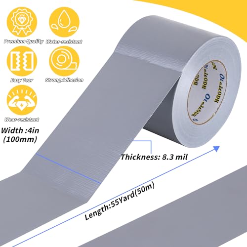 Image of 4 Inch Silver Duct Tape - 4 Pack Heavy Duty Duct Tape, Totals 220 Yards, 8.3 mil Thickness, Strong, Flexible, No Residue, All-Weather and Tear by Hand - for Repairs, Industrial, Professional Use