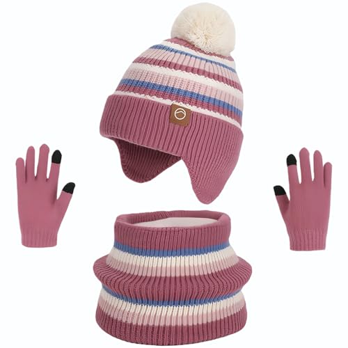 Image of Kids Winter Hat Gloves Scarf Set,Beanies with Earflap Pompom Neck Warmer Touchscreen Gloves Fleece Lined for Boys Girls 4-10Y