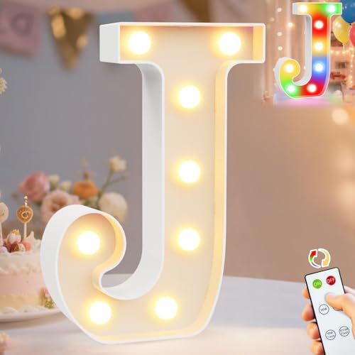 Image of Pooqla LED Light Up Letters, Warm White and Colorful Lighted Marquee Letters with Remote, Lighted Letter for Party Birthday Decorations, Gift for Girls Boys Night Light, Wedding Home Decor, Letter J