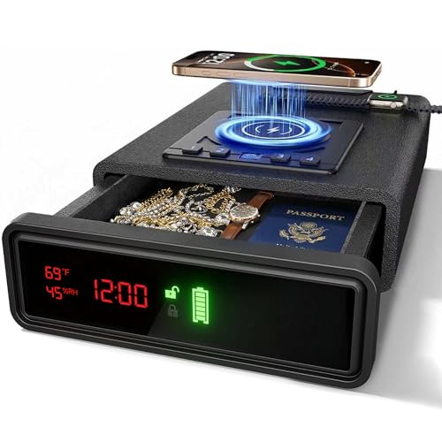 Biometric Fingerprint Gun Safe with Phone & Watch Wireless Charging, 3 Quick Access, Clock Handgun Safe with Adjustable Brightness, Backlit Keypad, Pistol safe for home, office, family