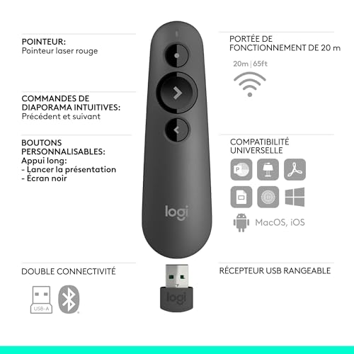 Logitech R500s de classe 1 Bluetooth et USB Télécommande de présentation laser/ Télécommande de présentation - Compatibilité universelle, portée de 20 m, personnalisable - Gris foncé