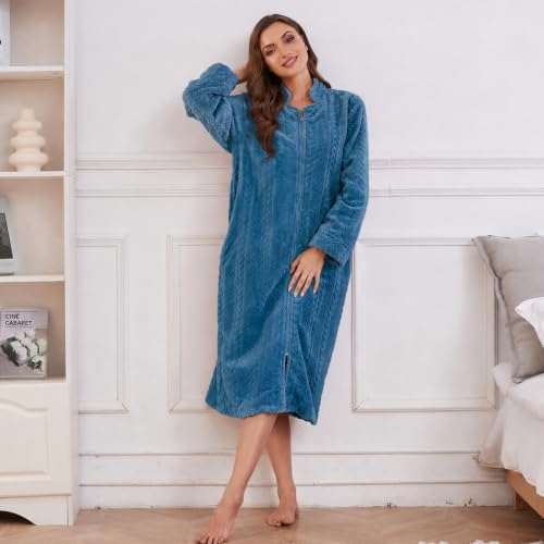 Image of LYCY Women Plush Zipper Robe Long Warm Fleece House Coat Nightgown | Comfy Solid Bathrobe with Pockets, Anti-Static Design Robes, Relaxed Fit for Every Body