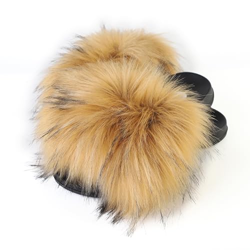 Image of Women's Faux Fur Slides, Open Toe Cute Fur Slippers, Indoor or Outdoor Comfortable Furry Slide Sandals With Fluffy Fur