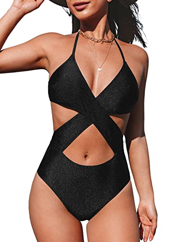 CUPSHE Women s One Piece Swimsuit High Waisted V Neck Halter Cut Out Criss Cross Front Self Tie Back, M Black