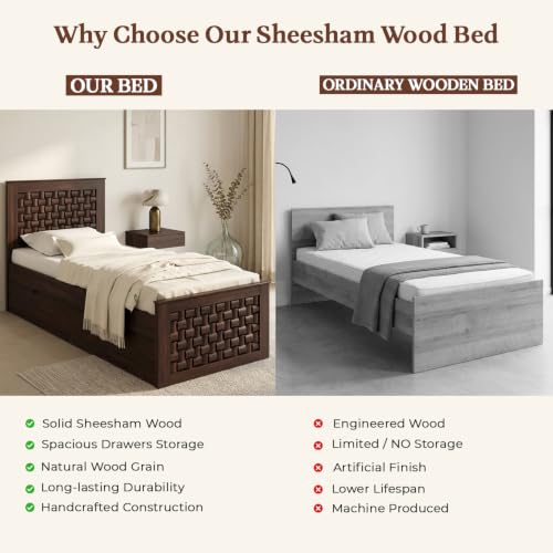 Image of WOODLAB Furniture Sheesham Wood Single Size Bed with Drawer Storage and Niwar Style Headboard | Wooden Single Cot Bed Palang for Home Living Room Bedroom and Hotel (Walnut Finish)