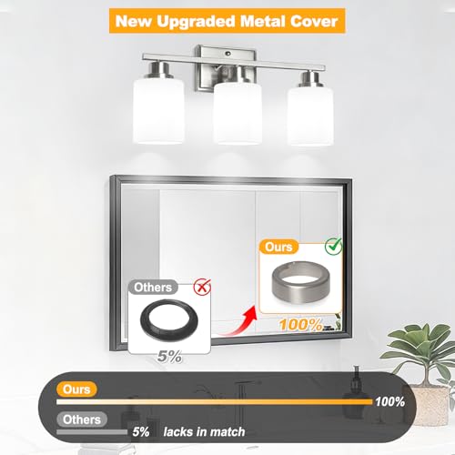 Image of Unicozin 3-Light Bathroom Light Fixtures, Modern Brushed Nickel Vanity Light Over Mirror, Wall Sconces with Milky White Glass Shades for Living Room Bedroom Hallway E26 Base