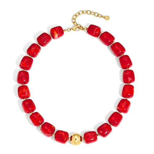 WOWORAMA Chunky Beaded Choker Necklace for Women Deep Red Large Square Resin Beads Necklace Trendy Statement Chunky Necklaces Wedding Party Jewelry