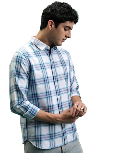 Highlander Men's Slim Fit Shirts | Checked | Long Sleeves | Cutaway Collar | Casual Shirts | Men Shirts White/Blue