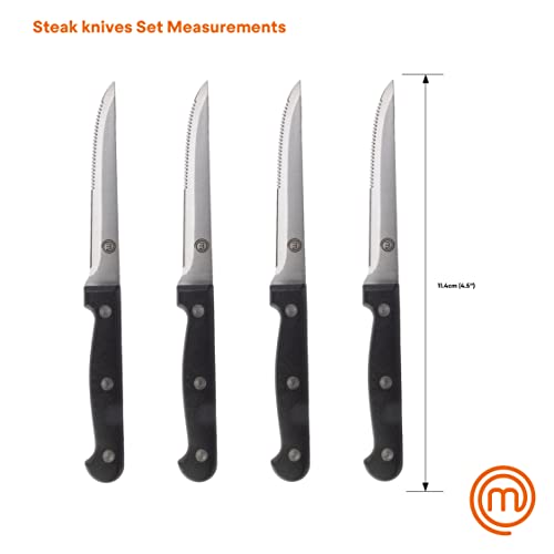 MasterChef Steak Knives Set of 4, Hand Sharpened, Serrated Stainless Steel Blades measure 11cm (4.5in) with Traditional Black Triple Riveted Comfort Grip Handles, Dishwasher Safe 4pc Steak Knife Set - Image 3