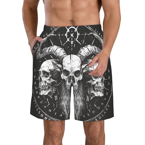 Men's Quick Dry Swim Shorts Demon Skulls Magic Satan Hell 666 Mystical Gothic Black Beach Trunks with Pockets