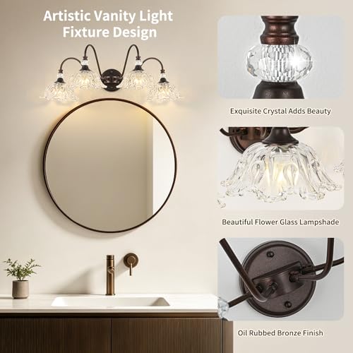 Image of Oil Rubbed Bronze Finish Bathroom Vanity Light, 4-Light Vintage Vanity Light with Floral Clear Glass Shades, Retro Wall Mount Lighting for Bathroom, Dressing Table