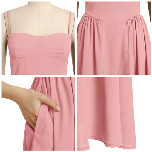 Image of ABEHIK Women Floral Corset Dress Boho Spaghetti Strap Lace Up Casual Midi Dresses with Pockets Low Cut Flowy Bustier Sundress