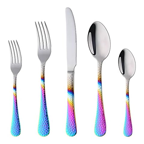 BISDARUN Hammered Silverware Set, 20 Piece Flatware Utensils, Premium Stainless Steel Kitchen Dinner Cutlery Sets of 4, Mirror Polish, Dishwasher Safe (Gradient Rainbow) Cover