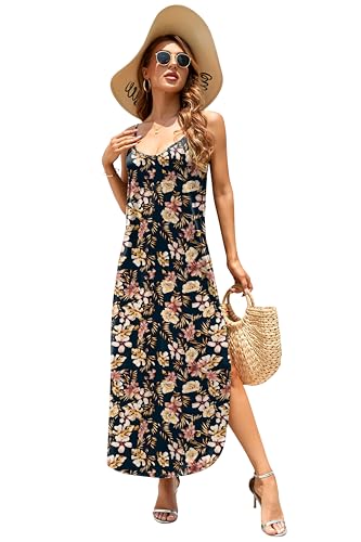 Image of HUSKARY Women's Summer Casual Sleeveless V Neck Strappy Split Loose Dress Beach Cover Up Long Cami Maxi Dresses with Pocket