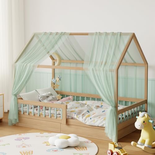 Kmhesvi Ciel de lit cabane 2 pièces - Voilage en Forme de Tente 150x350 cm, Décoration Chambre Enfant Fille ou garçon (Vert)