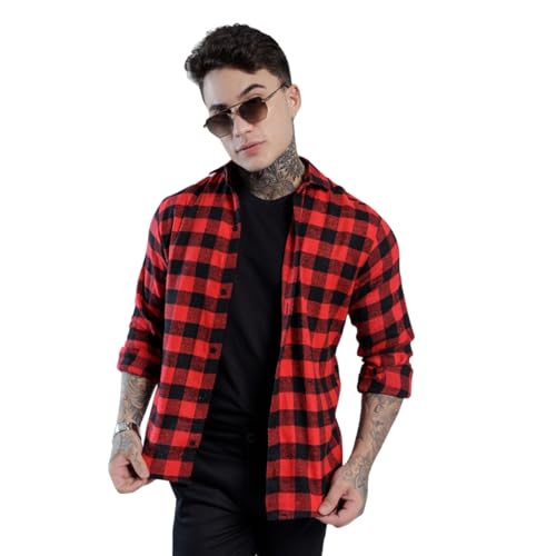 Camisa Masculina Xadrez Manga Longa Gola Italiana Ajuste Regular Confortavel Elegante (BR, Alfa, GG, Regular, Vermelho)