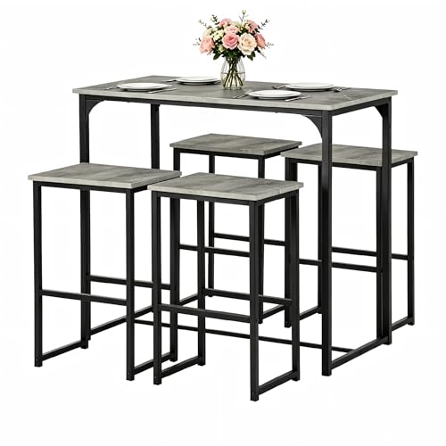 Songvas Table a Manger avec 4 Chaises, Ensemble 5 pièces pour Salle à Manger Cuisine, Table Balcon de 100 x 50 x 90 cm, Chaises de 40 x 30 x 65 cm, Cadre en Acier, Noir Mat + Veine Ciment