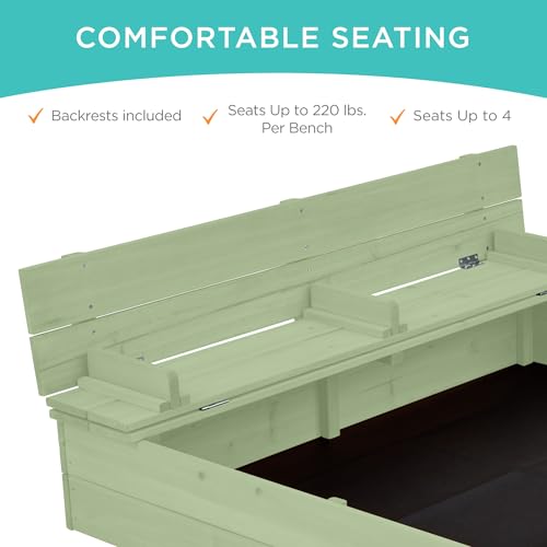 Image of Best Choice Products Large Outdoor Wooden Sand Box for Kids, Sandbox with Cover, Bench Seats Support up to 220 lbs, Bottom Liner for Drainage, Cedar Wood - Sage