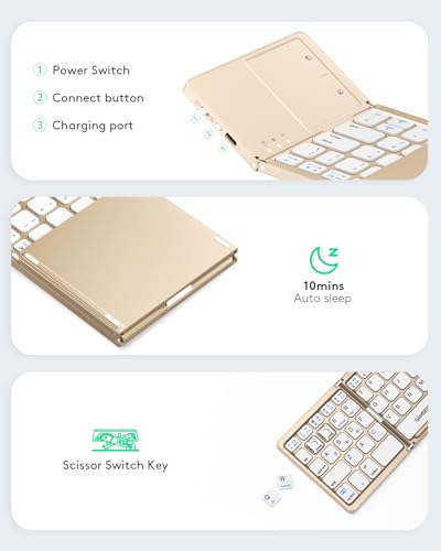 Image of Samsers Foldable Bluetooth Keyboard with Touchpad, Ultra Slim Compact, Gold | Multi-touch Trackpad, Full Size, Phone Holder, USB-C Charging, 3 Device, for Android Windows iOS Mac OS, Mobile Productivity
