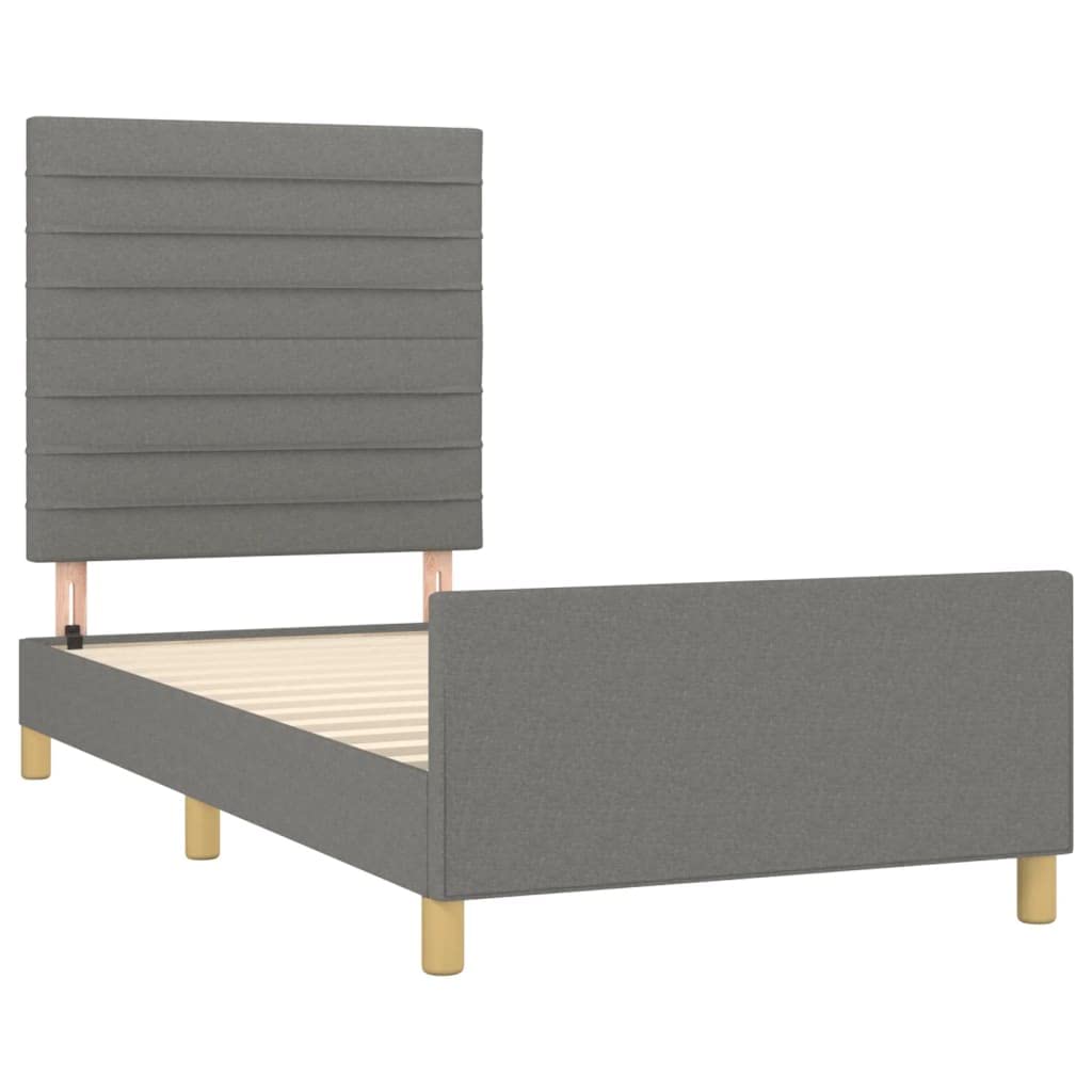 Dunkelgraues Bettgestell 100x200 cm, Stoffbezug, höhenverstellbares Kopfteil, Robustes Bed Frame aus Massivholz, modernes Platform Bed für Bedroom Furniture