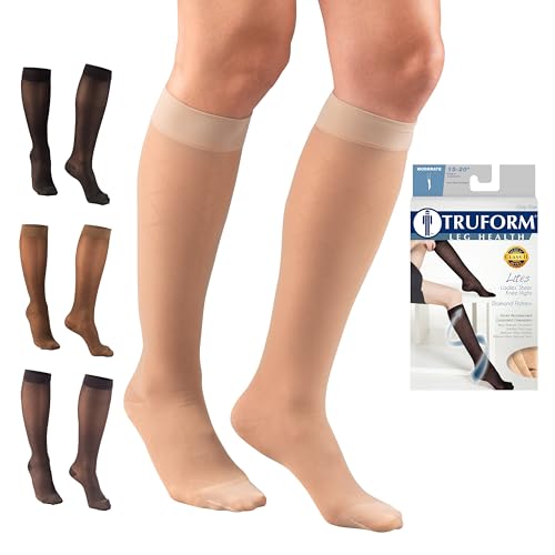 Image of Truform Sheer Compression Stockings, 15-20 mmHg, Women's Knee High Length, Diamond Pattern, Nude, X-Large