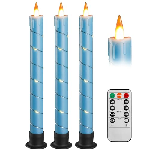 LED Stick Kerze mit Timer-Funktion, blinkende Flamme LED Echtwachskerze mit Fernbedienung, Märchenleuchte Kerze LED 3 Stück (2 x 25CM) für Weihnachtsdekoration, Raumdekoration, Hochzeit & Party (blau)