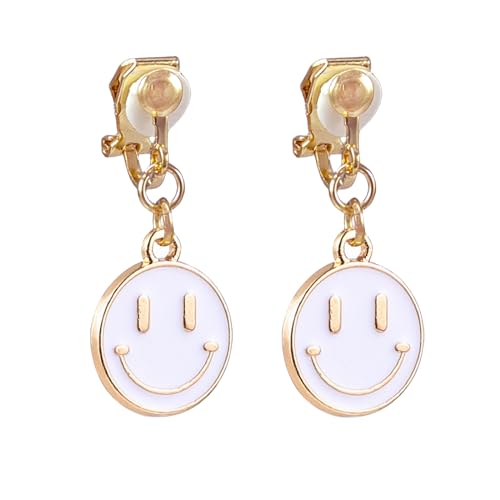 Preppy Clip On Earrings for Women Non Piercing Smile Face Pendant Pink White Gold Small Huggie Hoop Dangle Drop Earrings Trendy Y2K Jewelry Gifts