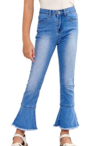 Kids Girls Flared Jeans Mid Waist Bell Denim Bottoms Stretch Fitted Pants 4-15 Years