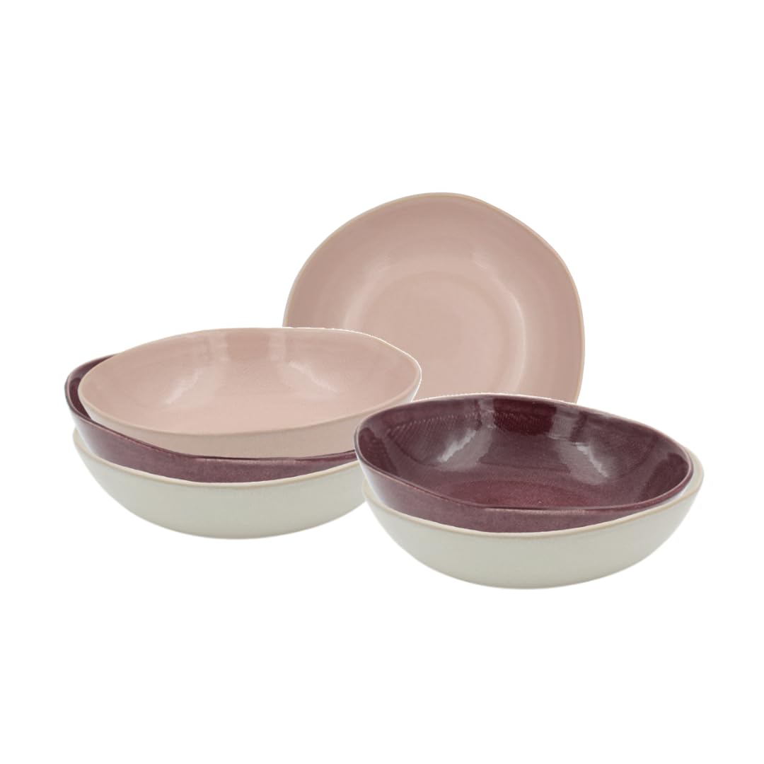 Assiettes Creuses en Céramique Ø20,5 cm, Lot de 6, Marron Rose Crème, Plats en Sauce ou Pâtes, Vaisselle Colorée