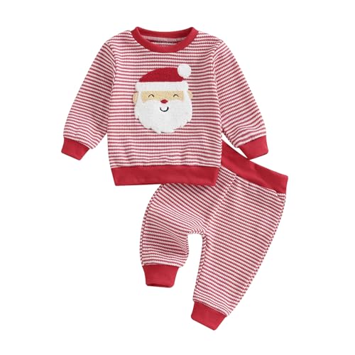 Karuedoo Toddler Baby Boy Girl Christmas Outfit Santa/Christmas Tree Embroidery Striped Waffle Knit Sweatshirt and Pants Set