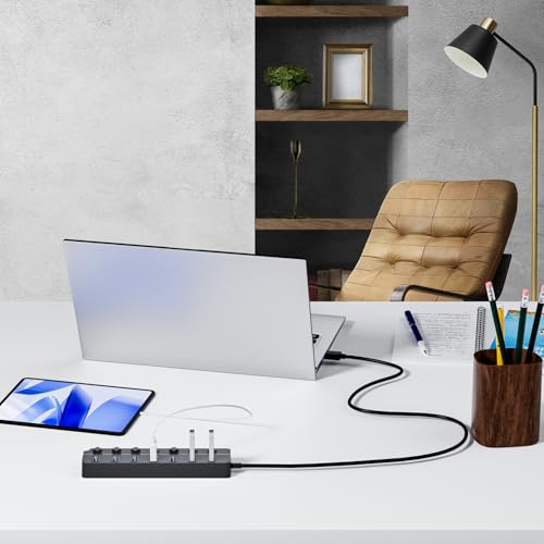 Image of ONFINIO USB Hub 3.0, 7-Port USB Hub Splitter with Individual On /Off Switches and Lights, 3.2ft /1m Long Cable Compatible with MacBook, Laptop, Surface Pro, PS4, PC, Flash Drive, Mobile HDD-Gray