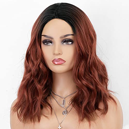 K'ryssma Copper Red Bob Wig with Dark Roots Short Wavy Synthetic Wig for Women Auburn Red Ombre Wigs with Middle Parting
