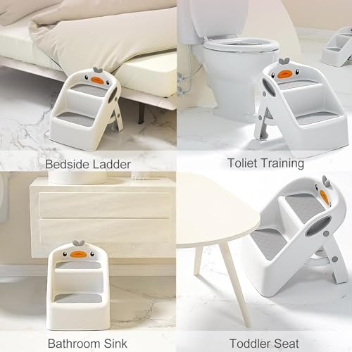 مقعد قابل للطي للاطفال الصغار من يو هوم، للمطبخ والحمام وحوض المرحاض، مقعد تدريب على استخدام النونية، ارتفاع مزدوج 11 انش، مقعد بلاستيكي مساعد للمطبخ مع مقابض، مقعد قدم للحضانة (ابيض 1)