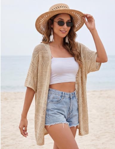 Image of GRACE KARIN Women Lightweight Summer Cardigan Crochet Knit Kimono Sweaters | Lightweight Crochet Knit Fabric, Short-sleeve Open-front Oversized Kimono, Ideal Casual Outerwear for Summer Daily Wear