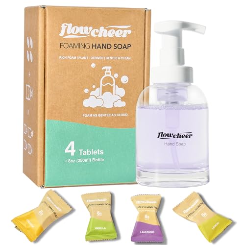 Image of flowcheer Hand Soap Starter Set -1 Refillable CrystalClear Glass Foaming Hand Soap Dispenser + 4 Scented Soap Refill Tablets, 4 x 9 Fl oz,Soap Pump for Bathroom Kitchen Countertop