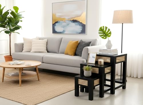 Image of Wooden Sheesham Wood Nesting Table Set of 3 Stools for Living Room | Stool Side Table for Home & Kitchen, Living Room (Walnut Finish, Set of 3)