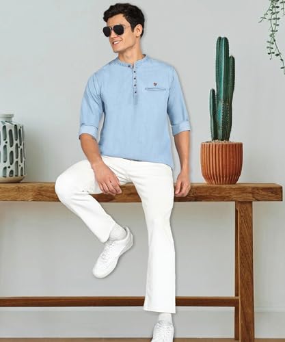 Image of Kuons Avenue Men's Denim Casual Short Kurta | Mandarin Collar | Full Sleeves | Tailored Fit- Stylish Ethnic Wear
