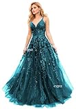 CYJJYZ Peacock Tulle Prom Dresses for Women 2024 Sparkly Lace Appliques Long Ball Gown Spaghetti Straps V Neck Corset Formal Evening Gown US2