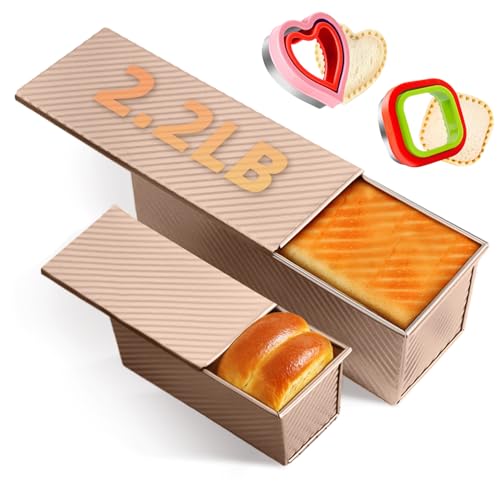 2 Pack Pullman Loaf Pan with Lid - Non-Stick 2.2/0.5 LB Carbon Steel Bread Pans for Homemade Baking, Includes 2 Sandwich Cutters