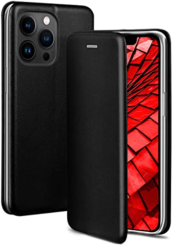 ONEFLOW Étui de téléphone Compatible avec Apple iPhone 13 Pro Max - étui pour téléphone Portable avec Fente pour Carte, étui à Rabat Aspect Cuir avec Bumper en Silicone, Noir Cover