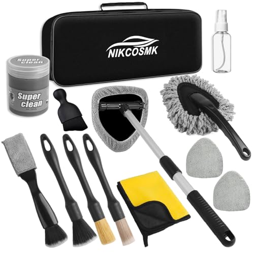 NIKCOSMK Windshield Cleaner Tool, 14Pcs Car Cleaning Kit - Car Interior Detailing Kit with Extendable Handle, Cleaning Gel & Microfiber Pads, All-in-One Inside Car Cleaning Supplies for Women Men