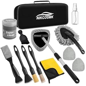NIKCOSMK Herramienta limpiadora de parabrisas, kit de limpieza de automóvil de 14 piezas, kit de detalles para el interior del automóvil con mango extensible, gel de limpieza y almohadillas de