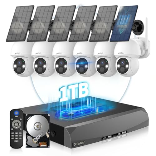 OHWOAI 《100% Solar Powered & 2-Way Audio》Outdoor Wireless PTZ Camera System, 4MP Solar Powered Battery Cameras,Home Video Surveillance Systems, Surveillance DVR Kits